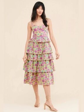 Anthropologie| Banjanan Floral Tiered Midi Dress in Pink and Green Size M